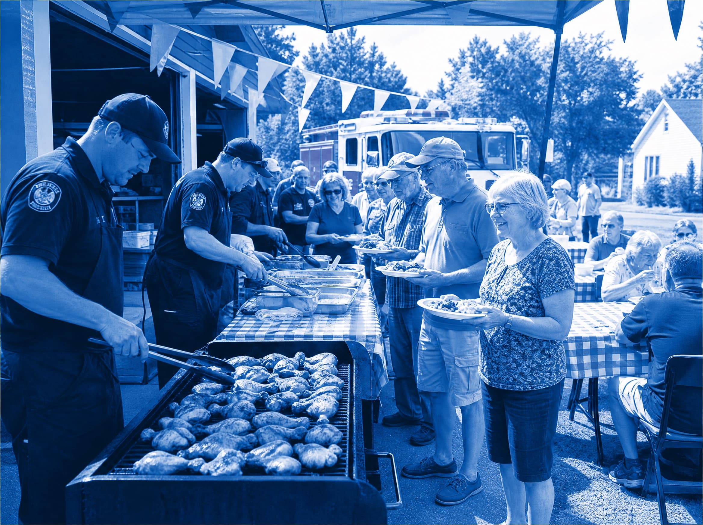Firehouse chicken BBQ fundraiser in civic blue duotone