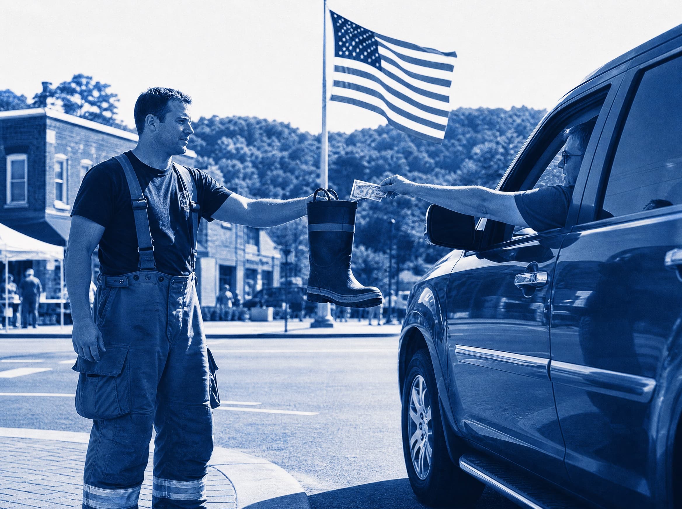 Boot drive at a small-town intersection in civic blue duotone
