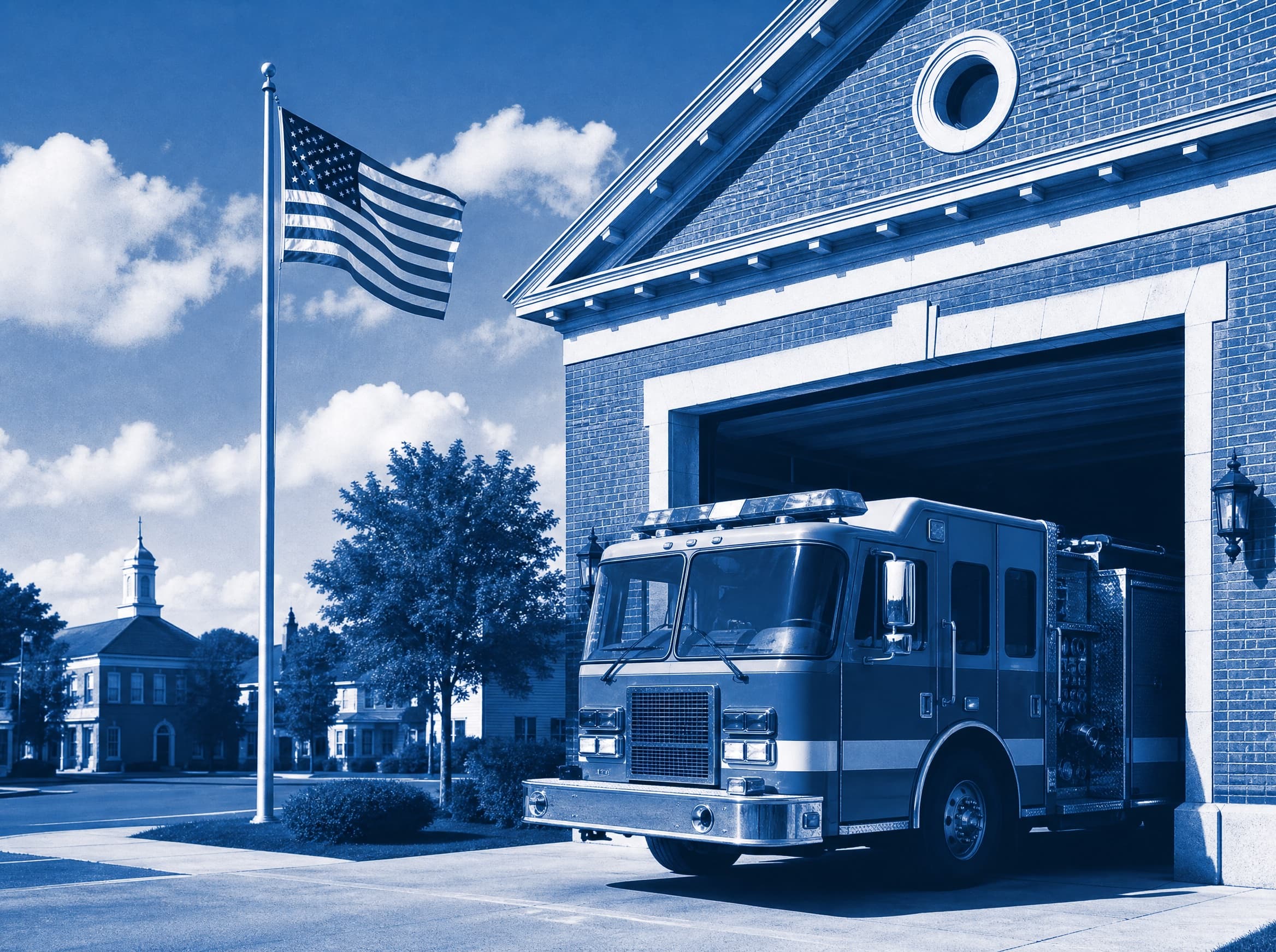 Small-town firehouse with engine and flag in civic blue duotone