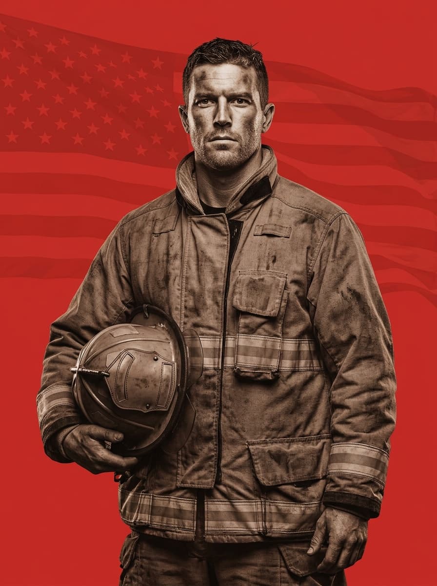 Volunteer firefighter with helmet against an American flag on flag red