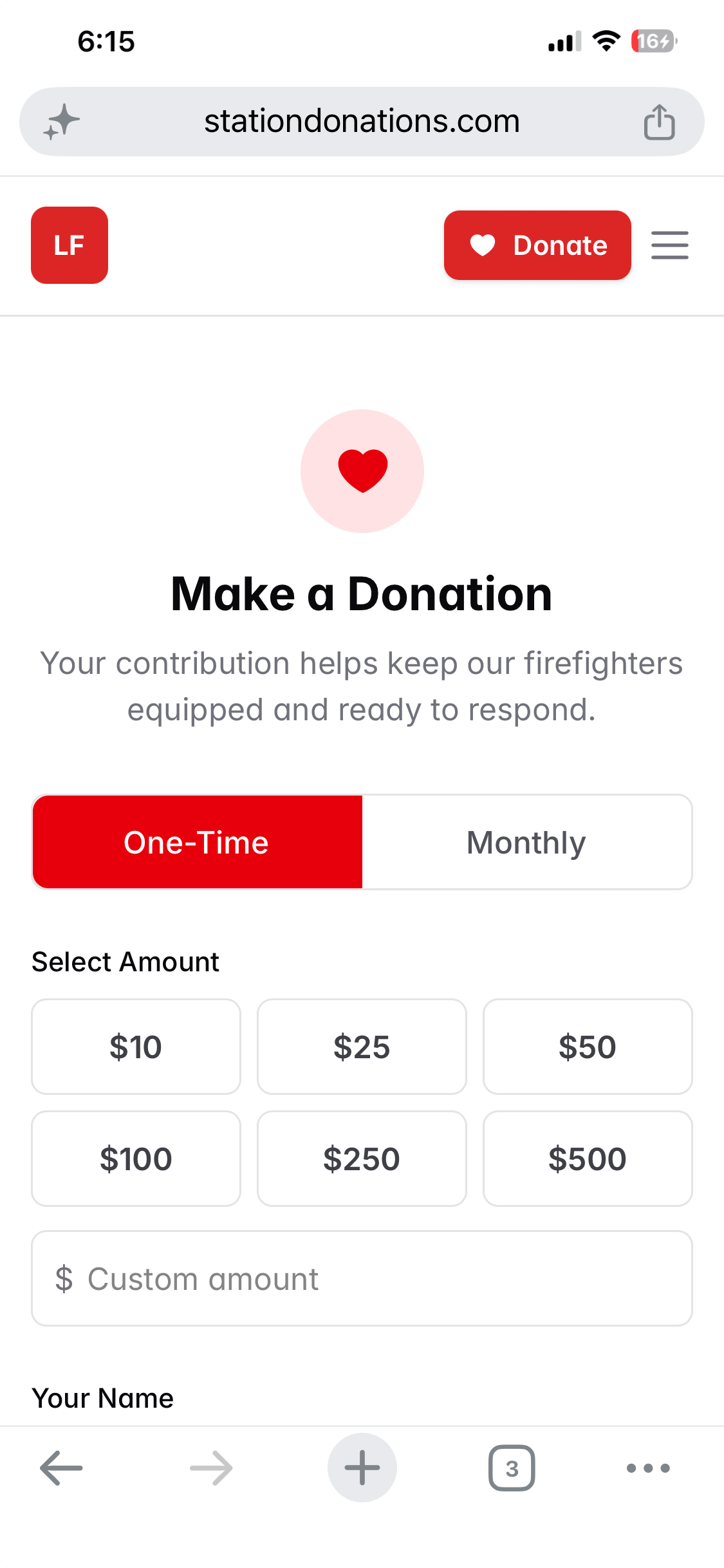 Donation page with amount selector