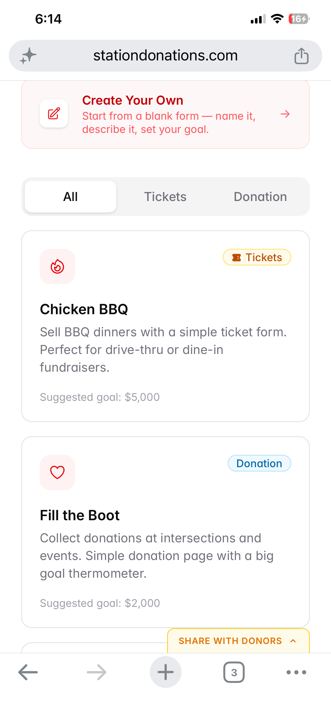Fundraiser template library showing Chicken BBQ and Fill the Boot options