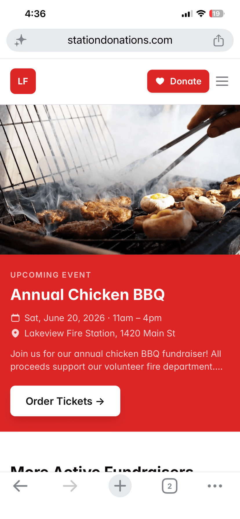 Lakeview Fire Department public station page showing Annual Chicken BBQ fundraiser